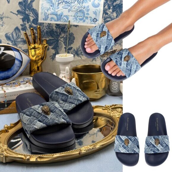 🆕 KURT GEIGER LONDON 🧿 NWOT Blue Denim Meena Eagle Slides, Sz EU 36.5 US 6.5 - Picture 1 of 14